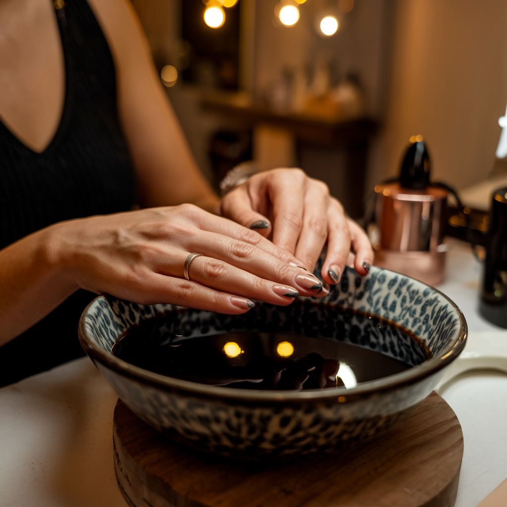 Close-up of hands being pampered with a manicure or nail treatment at Silent Moment Hair Salon